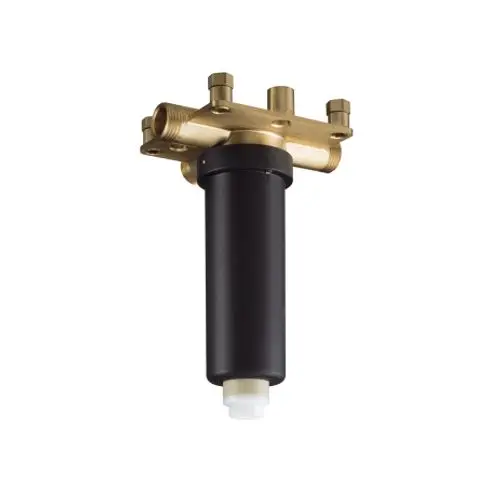 Grundkörper mit mehreren Anschlussmöglichkeiten in Messing und schwarzem Kunststoff, geeignet für die Montage einer Kopfbrause, Hersteller: Hansgrohe.
